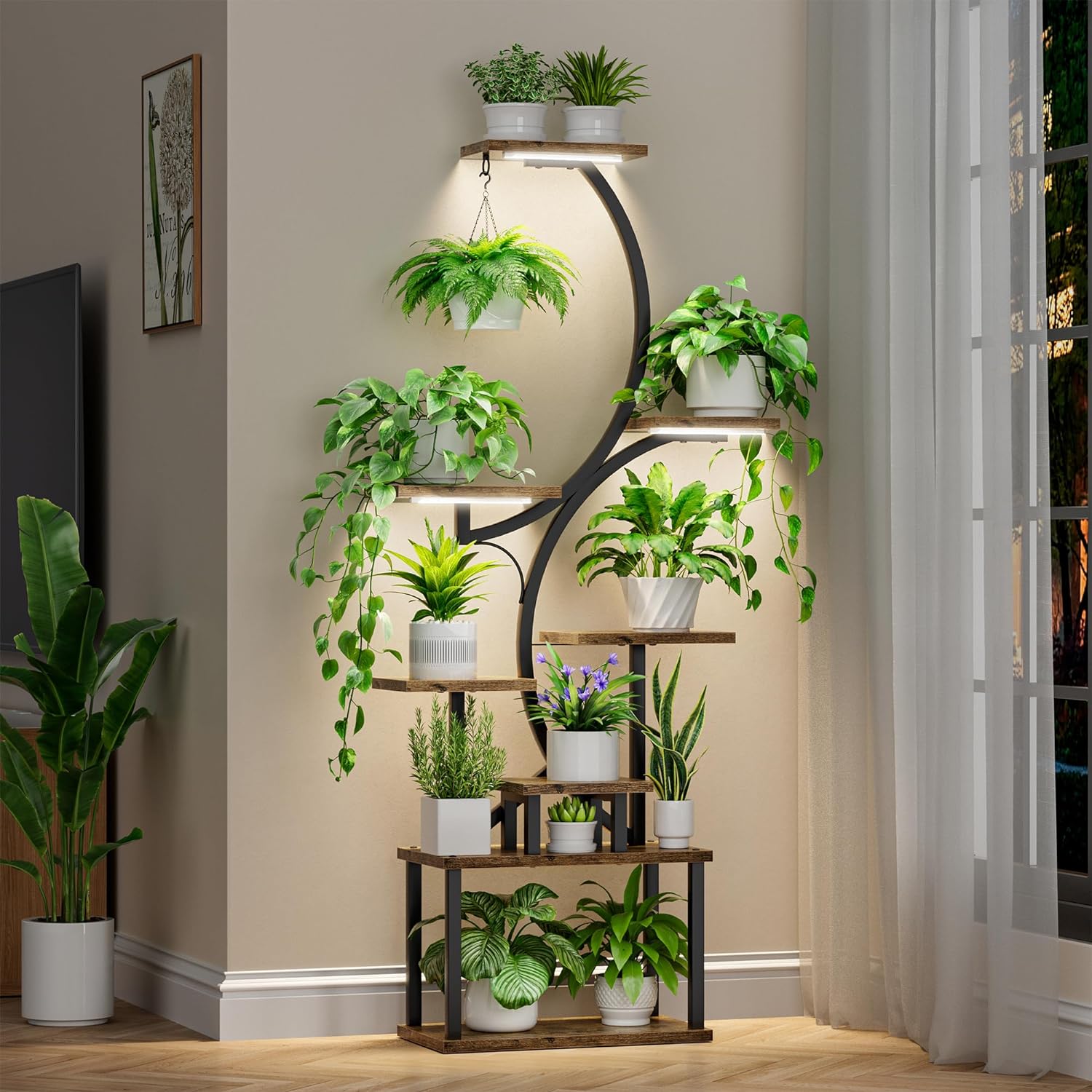BACEKOLL 8-Tier S-shaped metal plant stand with full-spectrum grow lights holding multiple indoor plants